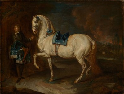 Stalmeester met wit paard door Johann Elias Ridinger