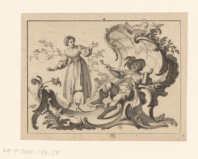 Pijprokende en drinkende man gezeten op een rococo-ornament (Rokers op rococo-ornament) door Johann Esaias Nilson