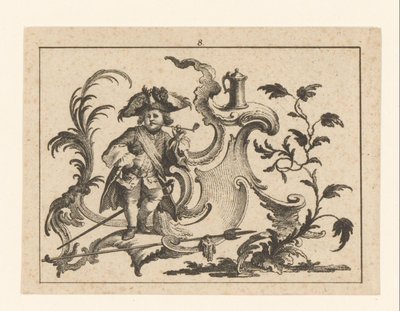 Pijprokende man leunt tegen een rococo-ornament door Johann Esaias Nilson