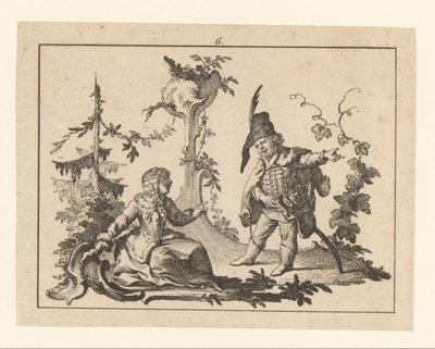 Zittende vrouw met naast haar een staande man met pijp op een rococo-ornament door Johann Esaias Nilson
