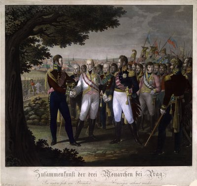 De ontmoeting tussen keizers Frans I van Oostenrijk, Alexander I van Rusland en Frederik Willem III van Pruisen door Johann Friedrich Jügel