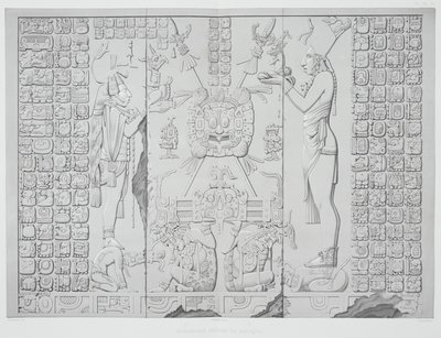 Reliëf dat een priester met offers toont uit het Heiligdom van de Tempel van de Zon, Palenque, platen 29 en 30 uit Oude Monumenten van Mexico, gegraveerd door Werner, 1866 door Johann Friedrich Maximilian von Waldeck