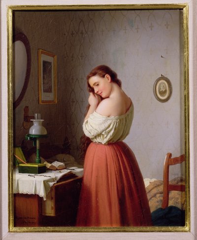 Jonge vrouw vlecht haar haar door Johann Georg Meyer von Bremen