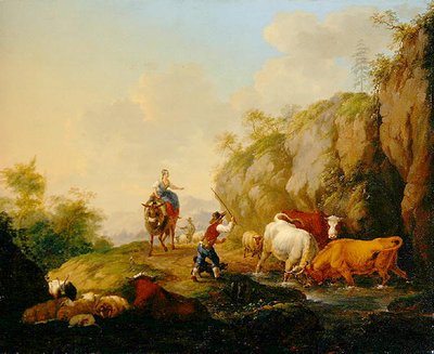 Landschap met herder en boeren door Johann Georg Pforr