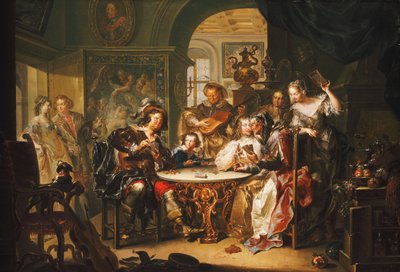 Een heer die vals speelt bij kaarten met een oudere dame in een weelderig interieur door Johann Georg Platzer