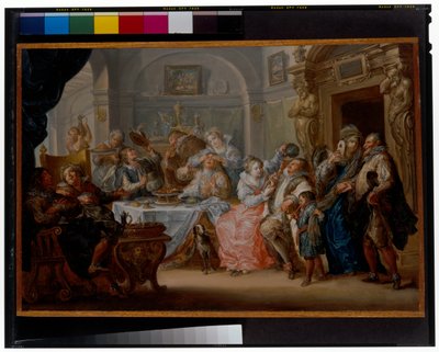 Interieur met elegante figuren in gemaskerde kostuums aan het feesten door Johann Georg Platzer