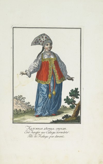 Een meisje uit Kaluga in feestelijke kleding door Johann Gottlieb Georgi
