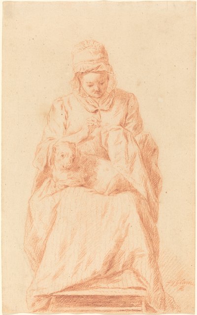 Jonge Vrouw die Naait met een Hond op Haar Schoot door Johann Gottlieb Glume