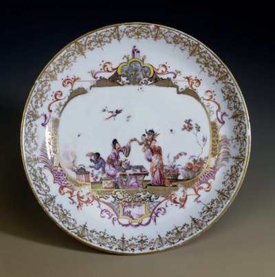 Duitse Kunst: Meissen Porselein. Chinoiserie die Aziatische personages voorstelt die thee drinken. Schotel versierd door Johann Gregor Hoeroldt, circa 1730 door Johann Gregor Herold