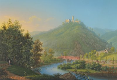 Uitzicht op Kynsburg over de Weistritz Rivier Vallei in Silezië, laat 18e-19e eeuw door Johann Heinrich Bleuler