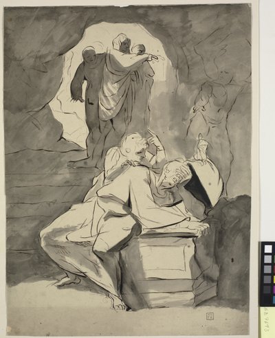 Een man in wanhoop bij een grafsteen in een grot met andere figuren door Johann Heinrich Füssli
