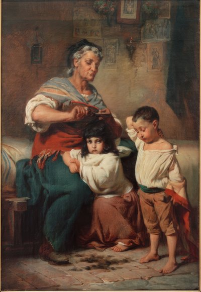 Grootmoeder die haar kleinkinderen het haar knipt door Johann Heinrich Hasselhorst