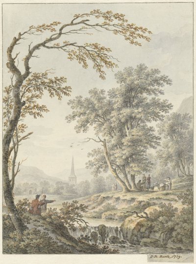 Landschap met waterval en in de verte een kerk door Johann Heinrich Muntz