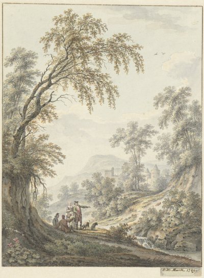 Landschap met watervalletje en in de verte een kasteel door Johann Heinrich Muntz