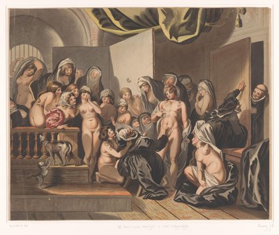 Abdes ontdekt tussen haar ontklede nonnen een jonge man door Johann Heinrich Ramberg