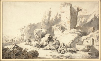 Een veedrijver met zijn familie en vee naast klassieke ruïnes door Johann Heinrich Roos