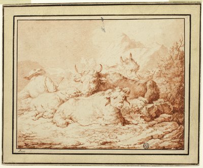 Vee en schapen met herder in rotsachtig landschap door Johann Heinrich Roos