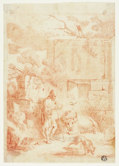 Koeherder met stier en hond in ruïnes door Johann Heinrich Roos