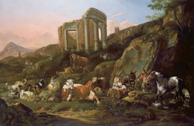 Boerderijdieren in een Klassiek landschap, 1684 door Johann Heinrich Roos