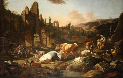 Italiaans landschap met vee door Johann Heinrich Roos