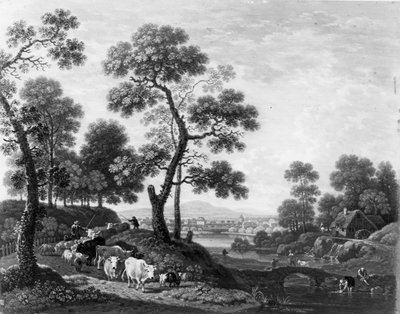 Landschap met runderen door Johann Heinrich Roos