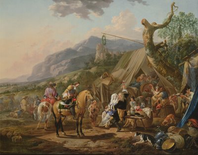 Militaire commandant in een bergkamp met feestvierders door Johann Heinrich Roos