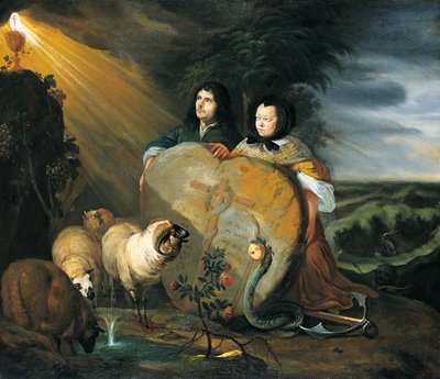 Zelfportret (?) met zijn vrouw en symbolen van het christelijk geloof door Johann Heinrich Roos
