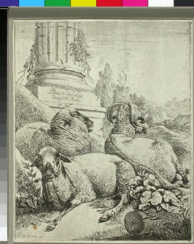 Schapen aan de voet van een zuil door Johann Heinrich Roos
