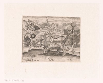 Serie prenten met bloemen en dieren in een landschap (Landschap met stokroos, luipaard en pruimenboom) door Johann Hogenberg