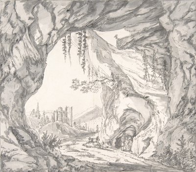 Bergachtig Landschap met Ruïnes van een Kasteel en Drie Mannen in een Grot..., laat 18e-begin 19e eeuw door Johann Huber