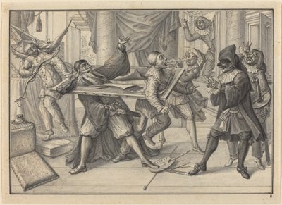 Mezzetin en Harlekijn gebruiken het schilderij om Pantaloon en Pierrot te vangen door Johann Jacob Schubler