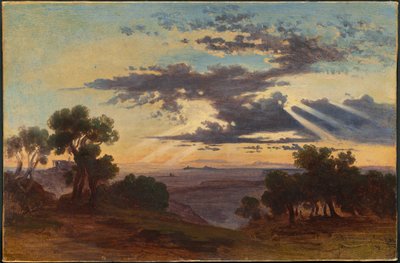 Zon breekt door wolken boven de Romeinse Campagna door Johann Jakob Frey