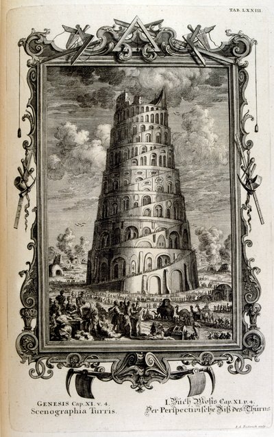 Plan van de Toren van Babel gezien vanaf de zijkant door Johann Jakob Scheuchzer