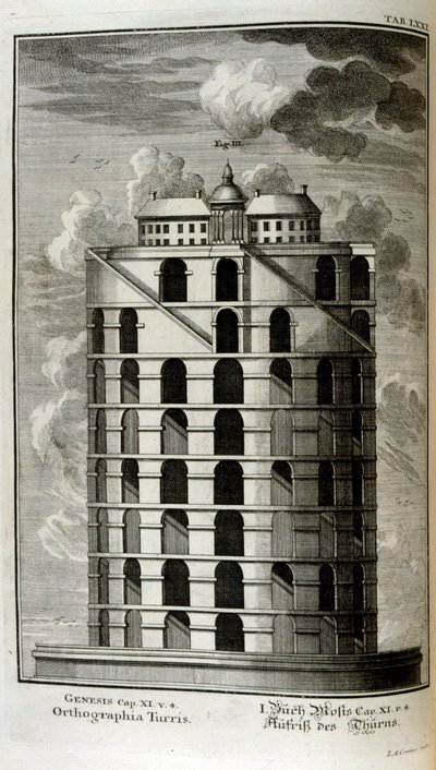 Plan van de Toren van Babel gezien vanaf de zijkant door Johann Jakob Scheuchzer