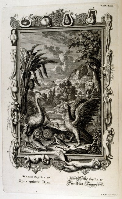Het scheppingsverhaal van Genesis is de scheppingsmythe van zowel het jodendom als het christendom. De vijfde dag van de schepping: Dieren worden geschapen door Johann Jakob Scheuchzer