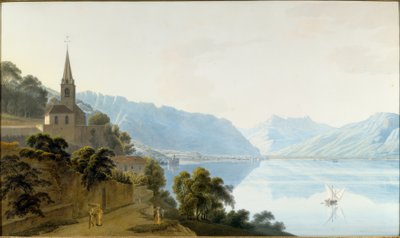 De kerk van Les Planches, Chillon, Villeneuve en de Dents du Midi door Johann Jakob Wetzel