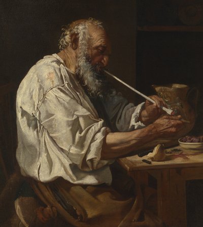 Oude boer die een pijp aansteekt, c.1660 door Johann Karl Loth