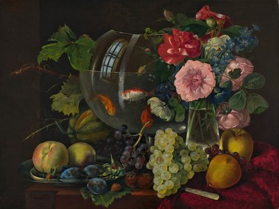 Stilleven met goudvissenkom (olieverf op hout) door Johann Knapp