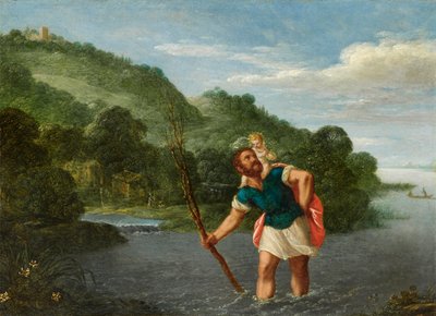 Sint Christoffel draagt het Christuskind in een landschap door Johann König