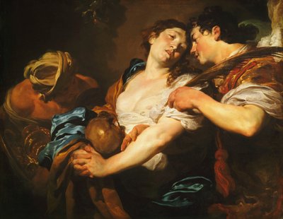 Een berouwvolle zondaar die zich afwendt van verleiding en een palm van redding aangeboden krijgt door een engel door Johann Liss or Lis or von Lys