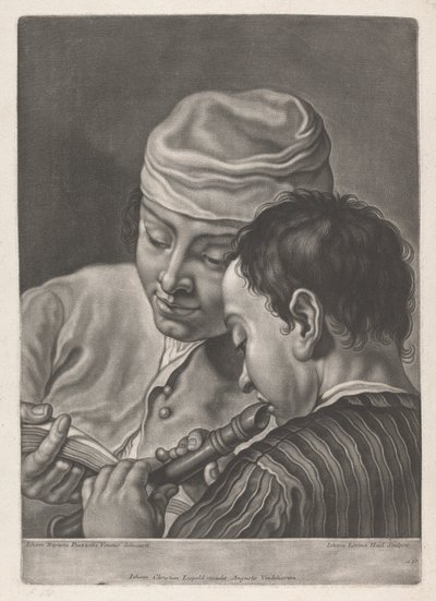 Portret van Twee Mannen, Een Speelt Blokfluit door Johann Lorenz Haid