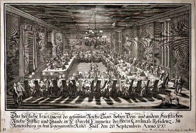 Banket in de Koningshal in het Paleis van de Kardinaal van Regensburg, 26 september 1717 door Johann Matthias and Geyer Andreas Steidlin