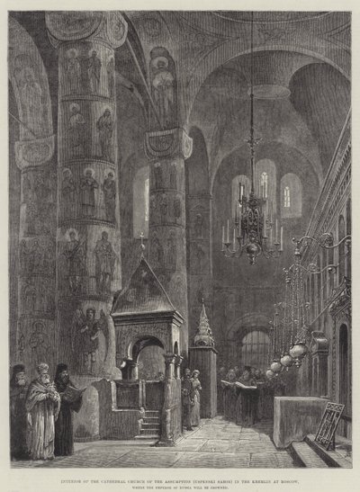 Interieur van de Kathedraal van de Hemelvaart (Uspenski Sabor) in het Kremlin in Moskou, waar de Keizer van Rusland zal worden gekroond door Johann Nepomuk Schonberg