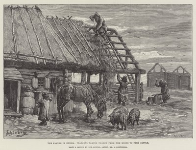 De hongersnood in Rusland, boeren halen riet van de daken om vee te voeden door Johann Nepomuk Schonberg