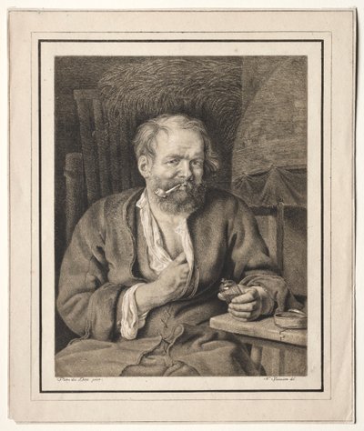 Boer zittend aan een tafel, pijp rokend door Johann Nepomuk Strixner