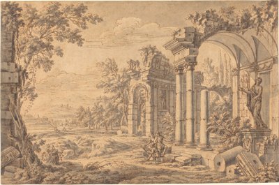 Landschap met een tekenaar tussen oude ruïnes door Johann Oswald Harms
