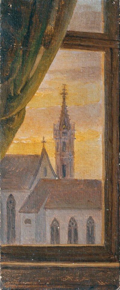 Uitzicht door een raam op een gotische kerktoren door Johann Peter Krafft