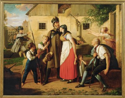 Die Heimkehr des Landwehrmannes - De terugkeer van de schutter ... (schilderij op doek) door Johann Peter Krafft
