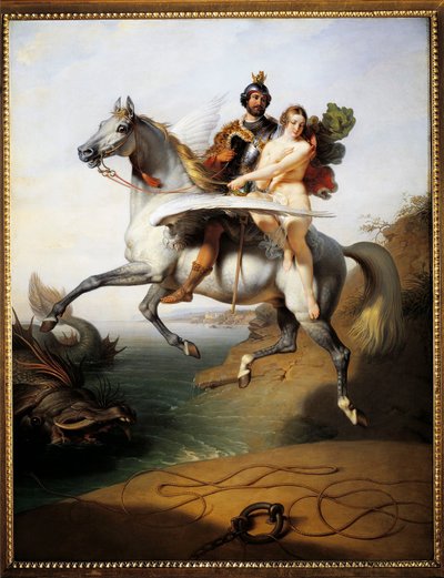 Ruggero en Angelica rijden op de hippoclaw (uit Orlando furioso) door Johann Peter Krafft