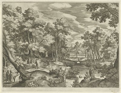 Landschap met de doop van Christus (Landschappen met scènes uit het Oude en Nieuwe Testament) door Johann Sadeler (I)